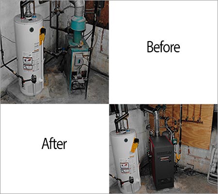 A before and after photo of a furnace replacement we completed.